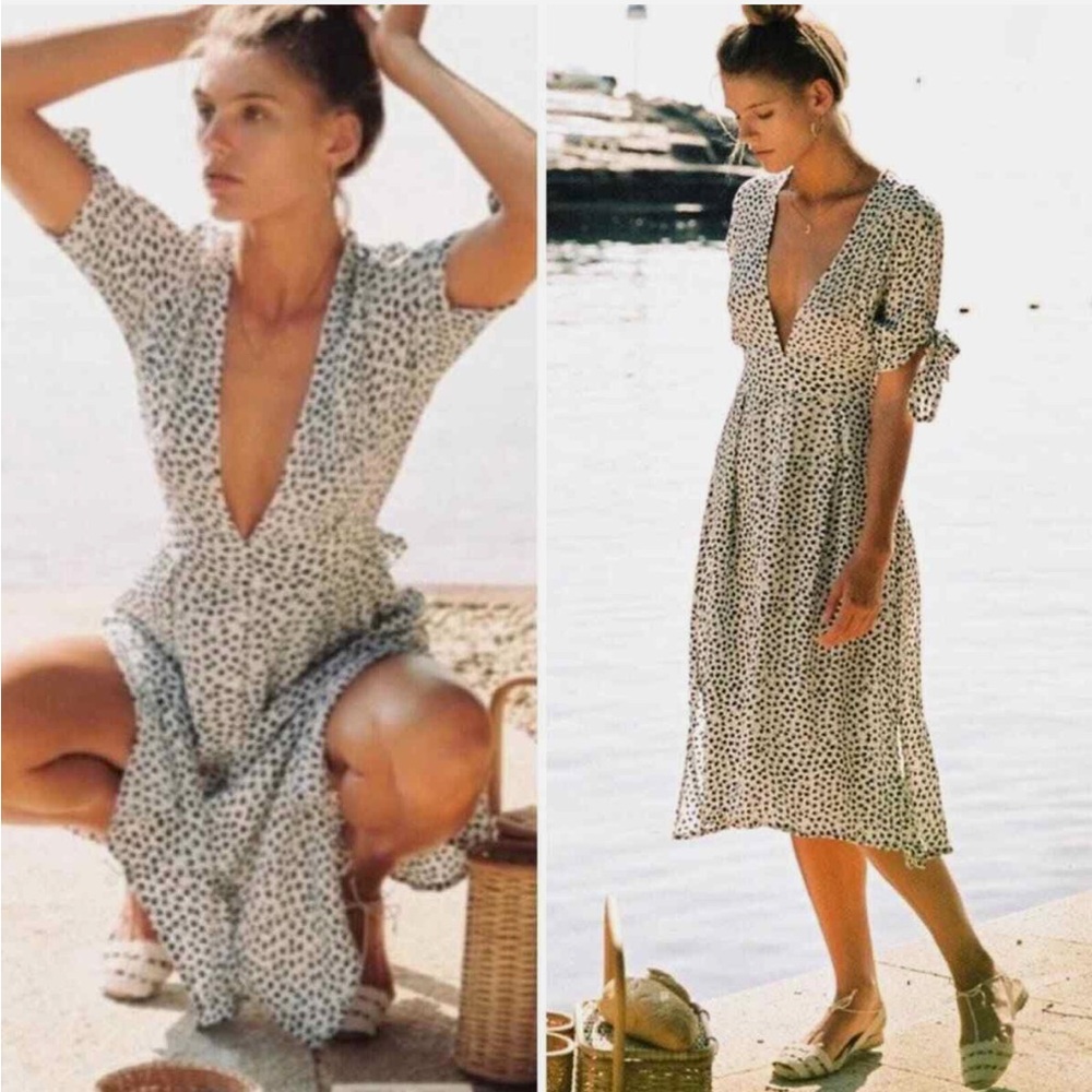 Faithfull the Brand Blue and White Floral V-Neck Sundress